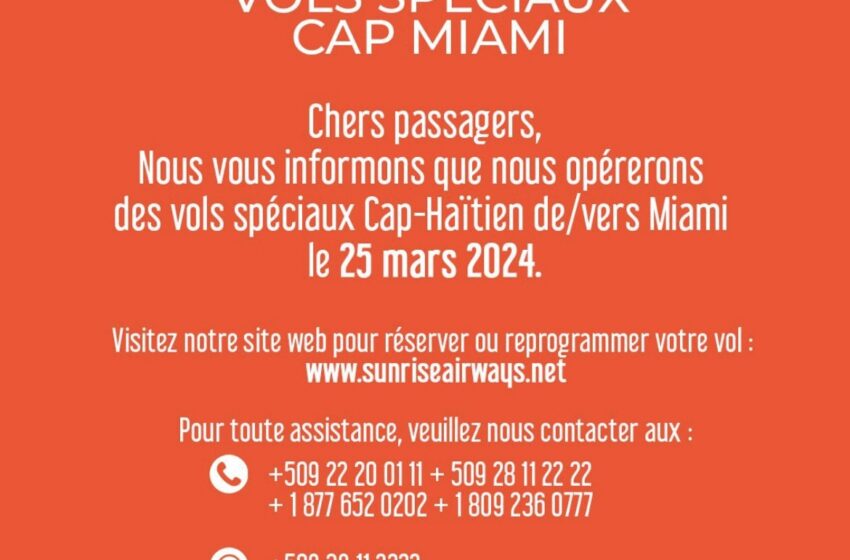  Sunrise Airways lance des vols spéciaux entre Cap-Haïtien et Miami